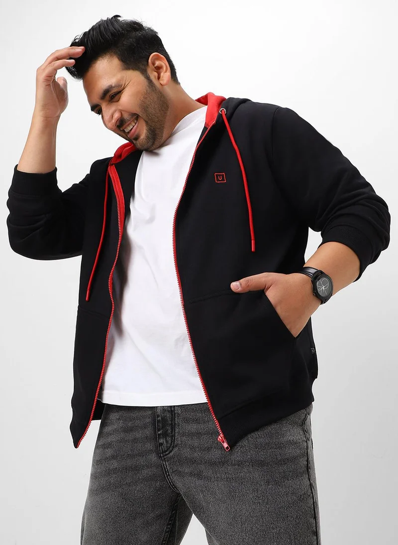 Urbano Fashion  Urbano Plus Men's Black Solid Cotton Zippered Hooded Casual Winterwear Sweatshirt for Men | Best Price UAE